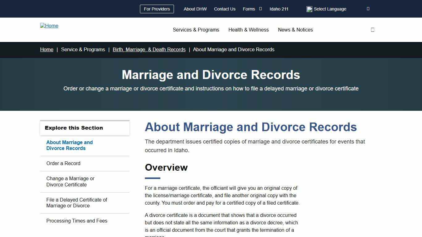 About Marriage and Divorce Records | Idaho Department of Health and Welfare